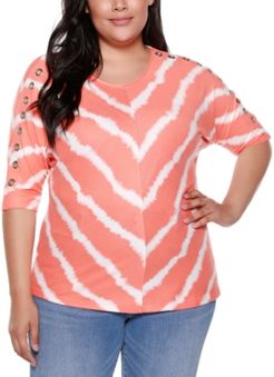 Belle By Belldini Plus Size Women's Printed Tie-Dye Stripe Grommet Dolman Top