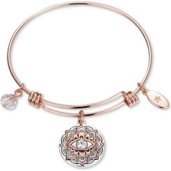 Two-Tone Crystal Evil Eye Bangle Bracelet in Rose Gold-Tone & Stainless Steel with Silver Plated Charms