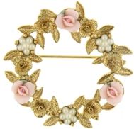 2028 Gold-Tone Pink Porcelain Rose Wreath Brooch
