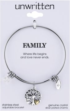Silver-Tone Tree Adjustable Bangle Bracelet in Stainless Steel with Silver Plated Charms