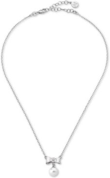 Sterling Silver Cubic Zirconia Bow & Imitation Pearl Pendant Necklace, 15" + 2" extender