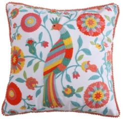 Home Laurel Coral Crewel Poms Multi Bird Pillow