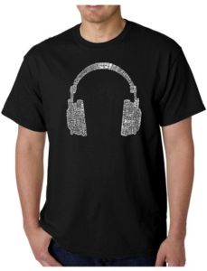 Mens Word Art T-Shirt - Headphones - 63 Genres of Music