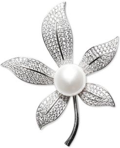 Cultured Freshwater Pearl (10mm) & Cubic Zirconia Leaf Pin in Sterling Silver