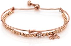 Rose Gold Tone Fine Plated Silver "Bff" Bird and Crystal Flower Charm Bead Bolo Bracelet