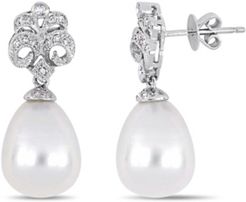 South Sea Cultured Pearl (10.5-11mm) and Diamond (1/7 ct. t.w.) Floral Drop Earrings in 18k White Gold