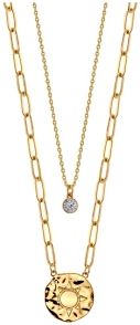 Gold Flash Plated Sun Disk Layered Pendant Necklace with Cubic Zirconia Pendant
