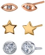 Three Pair Tri-Tone Silver Plated Star, Evil Eye, and Clear Cubic Zirconia Stud Earring Set