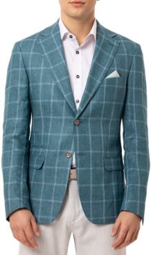 Orange Men's Slim-Fit Teal Windowpane Linen Sport Coat