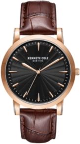 3 Hands Slim Rose-Gold plated Stainless Steel Watch on Brown Genuine Leather Strap, 44mm
