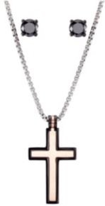 Stainless Steel Two-Tone Cross Pendant and Black Tone Round Cubic Zirconia Earring Set, 24"