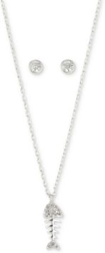 2-Pc. Set Cubic Zirconia Fishbone Pendant Necklace & Round Stud Earrings in Fine Silver-Plate