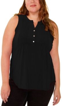 Plus Size Sleeveless Y-Neck Pin tuck Pullover