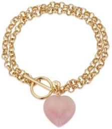 Fine Silver Plated Genuine Rose Quartz Heart Toggle Chain Link Bracelet in Gold