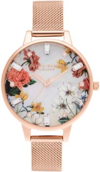 Sparkle Floral Rose Gold-Tone Mesh Bracelet Watch 34mm