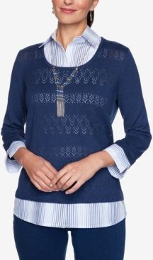 Missy Denim Friendly Two for One with Ombre Stripe Woven Trim Sweater