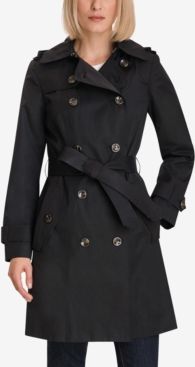 Petite Double-Breasted Hooded Trench Coat