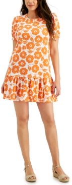 Petite Floral Ruffle-Hem Puff Sleeve Dress, Created for Macy's