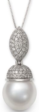 Cultured White South Sea Pearl (9mm) & Diamond (3/8 ct. t.w.) 18" Pendant Necklace in 14k White Gold