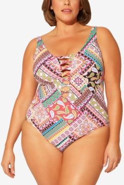 Plus Size Printed Lace-Up One-Piece Swimsuit Women's Swimsuit