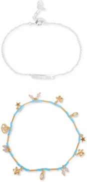 Two-Tone 2-Pc. Set Love Id & Beaded Multi-Charm Ankle Bracelets