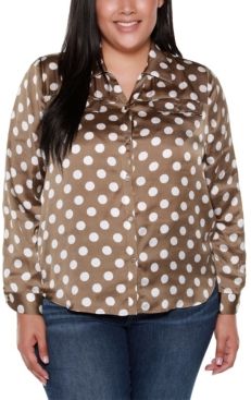 Black Label Plus Size Polka Dot Long Sleeve Collared Button Up Shirt