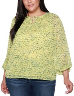 Black Label Plus Size Floral Printed Tie Neck Top with Blouson Sleeves