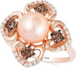 Chocolatier Pink Freshwater Pearl (8mm) and Diamond (5/8 ct. t.w.) Flower Ring in 14k Rose Gold