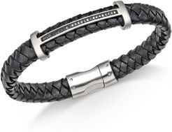 Diamond (1/4 ct. t.w.) T-Bar Bracelet in Black Leather and Stainless Steel, Created for Macy's