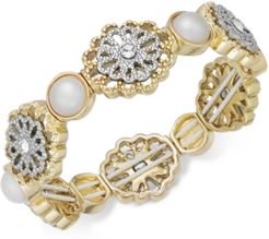 Two-Tone Crystal Filigree & Imitation Pearl Stretch Bracelet, Created for Macy's