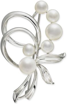 Cultured Freshwater Pearl (7mm & 5mm) Pin in Sterling Silver and 18k Gold Over Silver