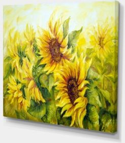 Designart Bright Yellow Sunny Sunflowers Floral Painting Canvas - 20" X 12"