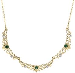 Gold-Tone Belle Epoch Filigree Scallop Emerald Color Crystal Necklace 16" Adjustable