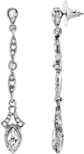 Silver-Tone Edwardian with Large Navette Crystal Stone Linear Drop Earrings