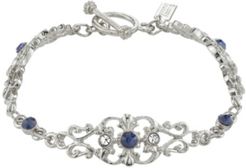 Silver-Tone Crystal and Blue Crystal French Scroll Filigree Link Toggle Bracelet