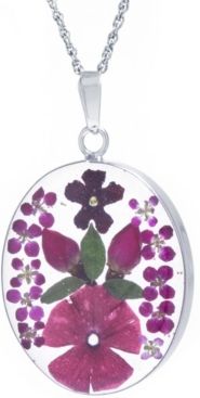 Medium Oval Dried Flower Medal Pendant with 18" Chain in Sterling Silver. Available in Multi, Purple or Red