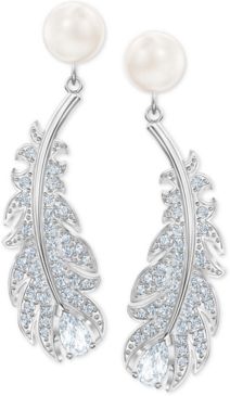 Silver-Tone Pave & Imitation Pearl Feather Chandelier Earrings