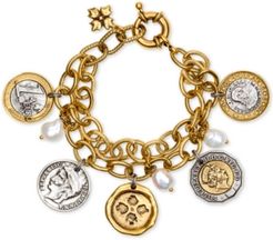 Two-Tone World Coin & Freshwater Pearl (9mm) Double-Chain Charm Bracelet