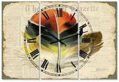 Colorful Elegant Feather On Old Style Newspaper Iii Oversized Cottage 3 Panels Wall Clock - 38" x 38" x 1"