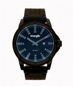 Watch 48MM Ip Black Case with Black Dial, Blue Index Markers, Sand Satin Dial, Analog, Date Function, Blue Second Hand, Black Strap with Blue Accent Stitch