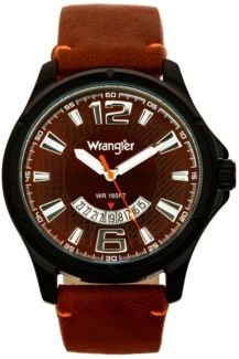 Watch, 48MM Ip Black Case, Brown Zoned Dial with White Markers and Crescent Cutout Date Function, Brown Strap with Red Accent Stitch Analog, Red Second Hand