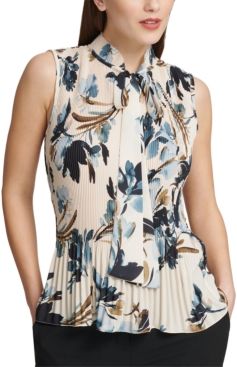 Pleated Floral-Print Sleeveless Blouse