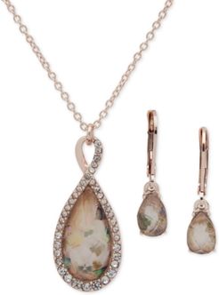 Pave & Stone Pendant Necklace & Drop Earrings Set