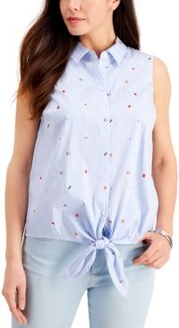 Printed Poplin Tie-Front Sleeveless Blouse, Created for Macy's