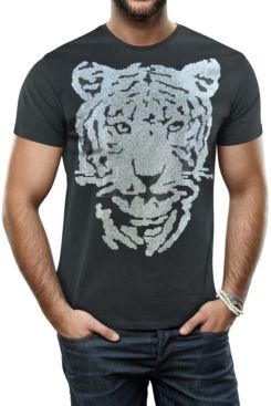 Tiger Head Graphic Printed Rhinestone Studded T-Shirt
