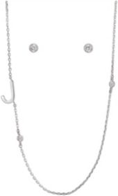 Fine Silver Plated Letter Initial Necklace with Cubic Zirconia Stud Earrings