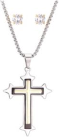 Stainless Steel Two-Tone Cross Pendant and Gold Tone Square Cubic Zirconia Earring Set, 24"