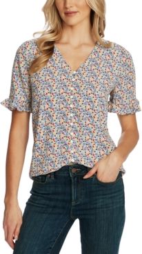 Floral-Print Ruffled-Sleeve Button-Down Top