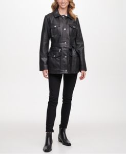 Belted Snap Front Leather Coat