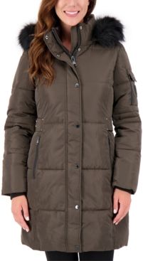 Faux-Fur-Trim Hooded Puffer Coat